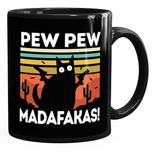 MoonWorks® Kaffee-Tasse mit Spruch Pew Pew Madafakas! schwarze Katze Spruch Meme lustig Bürotasse lustige Kaffeebecher schwarz Keramik-Tasse