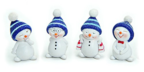 4x Deko Figur Schneemann Im Set Je 5 cm Klein, Polystein Weiß Blau, Dekofigur Kranzdeko Winterdeko Weihnachten Schneemänner Winterfiguren