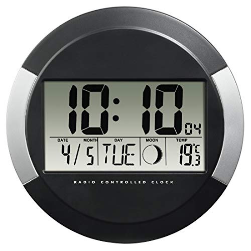 Hama Digitale Wanduhr mit Temperaturanzeige, „PP-245“ (DCF Funkuhr mit Datum, Thermometer, Mondphasen, zum Aufstellen/Aufhängen, 17cm Durchmesser, rund) Digitaluhr, Baduhr silber/schwarz