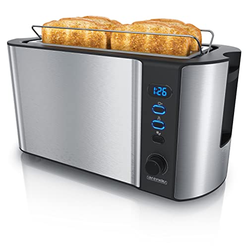 Arendo - Edelstahl Toaster Langschlitz 4 Scheiben - Defrost Funktion - wärmeisolierendes Gehäuse - mit integrierten Brötchenaufsatz - 1500W - Krümelschublade - Display mit Restzeitanzeige - Silber