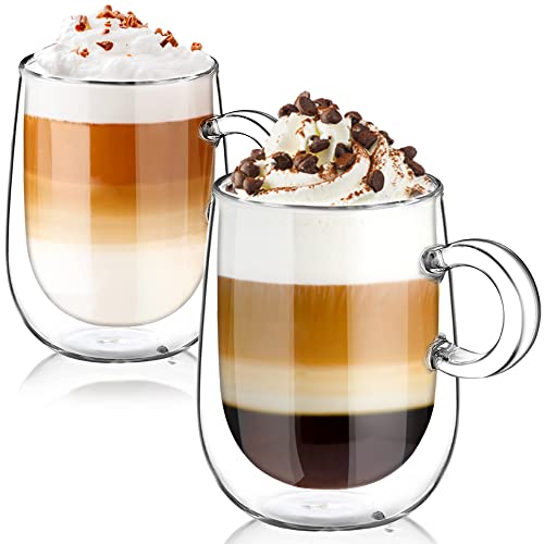 glastal Doppelwandige Cappuccintassen Latte Macchiato Gläser 2er Set 360ml Kaffeegläser Teegläser mit Henkel Borosilikatglas Kaffeetassen Glas Set Doppelwandgläser Kaffeebecher