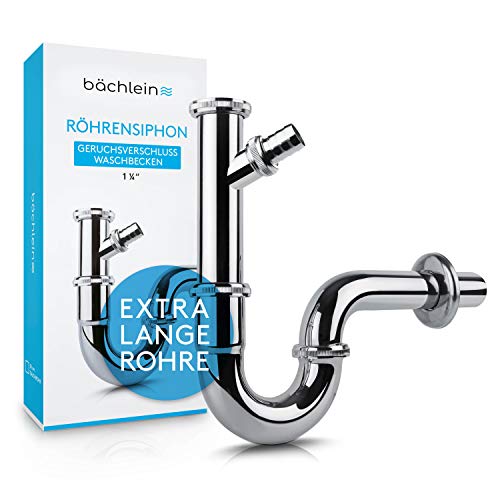 Bächlein Universal Siphon für Waschbecken und Waschtisch (Extra Lang 200mm + Geräteanschluss) - Geruchsverschluss inkl. Gummimanschette - Röhrensiphon