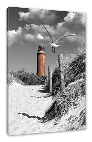 Leuchtturm mit Möwe an Strandweg schwarz/weiß Format: 60x40 auf Leinwand, XXL riesige Bilder fertig gerahmt mit Keilrahmen, Kunstdruck auf Wandbild mit Rahmen, günstiger als Gemälde oder Ölbild, kein Poster oder Plakat