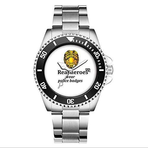 Herren für Polizei Fans Uhren drehbare Lünette Quarz Silber Ton Edelstahl Uhr echte Helden tragen Polizei Abzeichen Armbanduhren (schwarz)