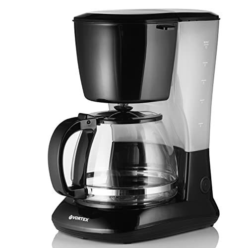 VORTEX Filterkaffeemaschine mit 1.25L Glaskanne VO4012 - Kaffeemaschine Schwarz für bis zu 12 Tassen - Kaffeefiltermaschine mit Warmhalteplatte - Filter Coffee Machine - Tropf-Stopp - 750 Watt
