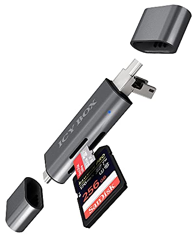 ICY BOX USB OTG Kartenleser Stick für Android Smartphone und Tablet, SD und microSD, 3 USB Anschlüsse (USB-C, USB-A, Micro USB), extern, Grau