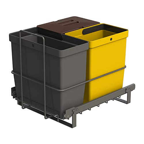 LM 64/3a Einbau Mülleimer ausziehbar mit 3 Abfalleimer (1x11L, 2x8L) in Farben anthrazitgrau, gelb, braun - Trio Mülltrennsystem für die Küche Unterschrank- Korbauszug anthrazit 32,8 x 43,3 x 35,4cm