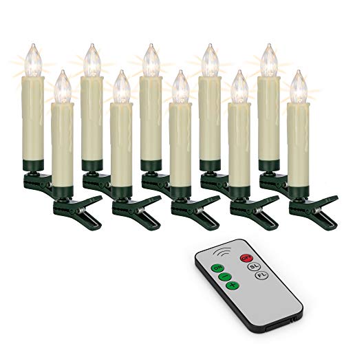 Hellum 530209 LED Weihnachtsbaumkerzen kabellos, 10x warmweiß LED Kerzen mit Fernbedienung, batteriebetriebene 9x1,5cm Christbaumkerzen ohne Kabel, dimmbar mit Flackermodus, Wachstropfen