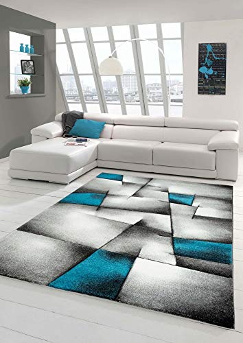 Teppich-Traum Designer Teppich Moderner Teppich Wohnzimmer Teppich Kurzflor Teppich mit Konturenschnitt Karo Muster Türkis Grau Weiß Schwarz Größe 120x170 cm