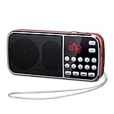 PRUNUS J-189 FM/UKW Kleines Radio mit Bluetooth, Kofferradio mit Heavy Bass Lautsprechern, TF/USB/AUX-Player, Digital Radio mit Akku Wiederaufladbare, LED-Taschenlampe(Rot)
