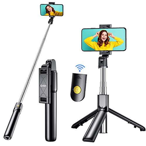 Bluetooth Selfie Stick Stativ, Gritin 3 in 1 Erweiterbar Selfie-Stange Stab mit Kabelloser Fernbedienung, Tragbar Monopod Handyhalter mit Tragtasche für iPhone 14/13/12, 4,7 bis 6,5 Zoll Smartphones