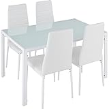 tectake Essgruppe Set Tisch und Stühle, Esstisch und 4X Stuhl, strapazierfähiges Kunstleder, Tischplatte aus Sicherheitsglas, Küchenstühle modern, Küche- weiß