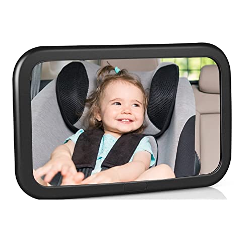 Rücksitzspiegel für Babys, Bruchsicherer Baby Autospiegel, 360° schwenkbar, Auto-Rückspiegel für Babyschale mit großem Sichtfeld, Verstellbare elastische Riemen ohne Einzelteile/Schrauben, Schwarz