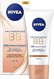 NIVEA BB 5 in 1 Tagespflege 24h Feuchtigkeit (50 ml), BB Cream für mittlere bis dunkle Hauttypen mit LSF 15, getönte Tagescreme mit Bio Jojoba-Öl & Make-up Pigmenten