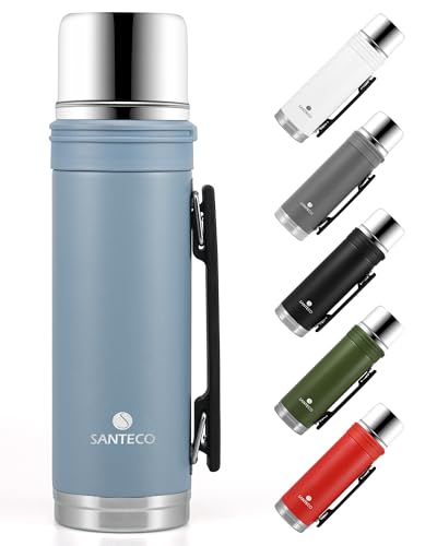 SANTECO Thermoskanne 1L - Thermoskanne mit Trinkbecher für unterwegs - Thermosflasche Edelstahl mit griff - Auslaufsicher Isolierflasche Kaffee & Tee - BPA Frei, für Heiß und Kalt