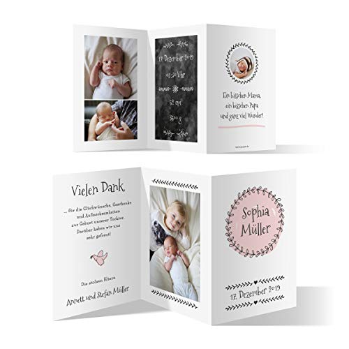 80 x Geburt Danksagungskarten Geburtskarten individuell mit Fotos und Text Wickelfalz DIN A6 - Geburtskranz