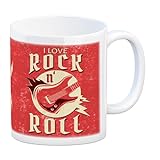 I Love Rock 'n' Roll Kaffeebecher mit Gitarren Motiv im rustikalen Stil als Geschenkidee für Freunde des Rock und Rockabilly