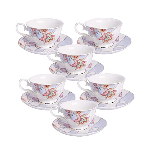 fanquare 150 ml Blume Set mit 6 Kaffeetasse und Untertasse, Porzellan Cappuccino Tassen, Teetasse zum Geburtstag, Hochzeit und Party, Lila