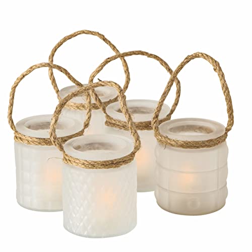Milchglas Windlicht 9 cm - 5er Set - Kerzenglas mit Kordel zum Hängen - Glas Teelicht Kerzen Halter Tisch Deko Balkon Garten Wohnzimmer