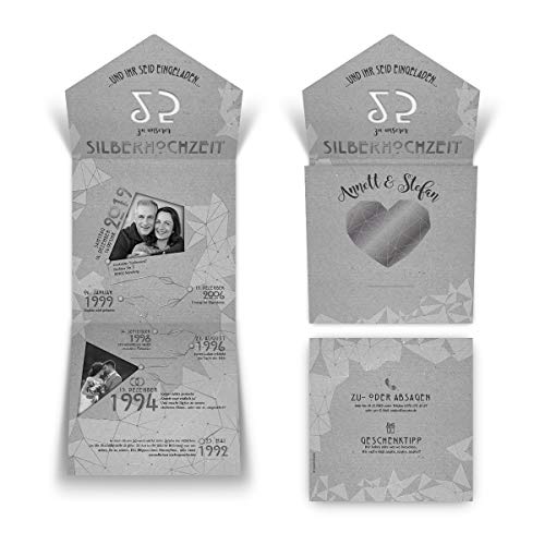 100 x Individuelle Lasergeschnittene silberne Hochzeit Einladungskarten als Klappkarte mit Steckversschluss - gemeinsame Erinnerungen