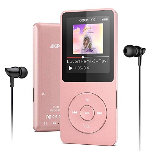 AGPTEK MP3 Player 16GB Bluetooth 5.0 mit Kopfhörer, 1.8 Zoll 70 Stunden Wiedergabezeit Digital Kinder MP3 Player FM Radio, bis 128G SD Karte, Rosagold