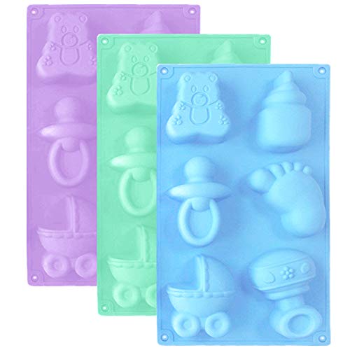 YuCool Silikonform für Babyparty, 3 Stück, Motive Kinderwagen, Fläschchen, kleiner Fuß, Teddybär, Schnuller, Rassel, in lila, blau, grün
