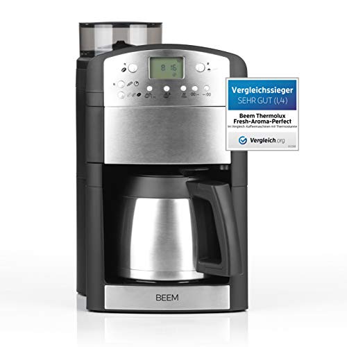 BEEM Fresh-Aroma-Perfect Thermolux | Kaffeemaschine mit Mahlwerk für Kaffeebohnen und Filterkaffee| 1,25 l Isolierkanne für 2-10 Tassen | inkl. Permanentfilter und Timer [1000 Watt / silber]