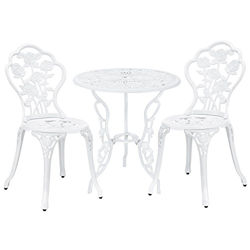 casa.pro Gartentisch Bistro-Tisch 60cm Rund Weiß mit 2 Stühlen im Antik-Look für Balko Terrasse Bistro-Set Gusseisen-Metall als Gartendeko