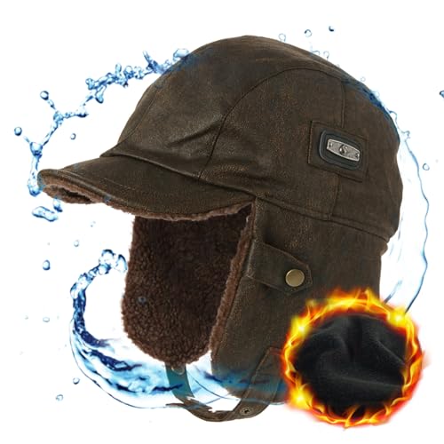 Comhats warme Trappermütze mit Kunstleder Hut Unisex Fliegermütze Fellmütze Erwachsenen für Männer Kaffeebraun