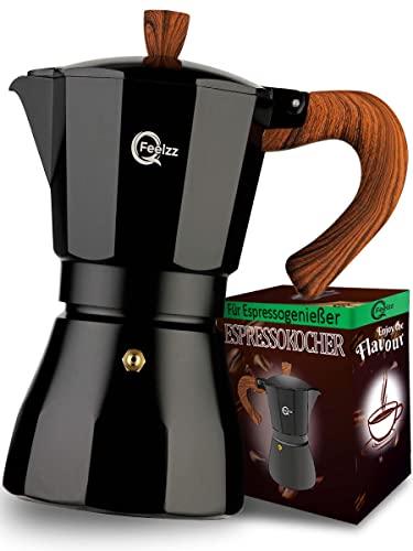 QFeelzz Espressokocher – Klassische Mokkakanne inkl. Ersatzmaterialien – Kaffeekocher [6 Tassen] – Camping Kaffeemaschine für unterwegs (Schwarz)