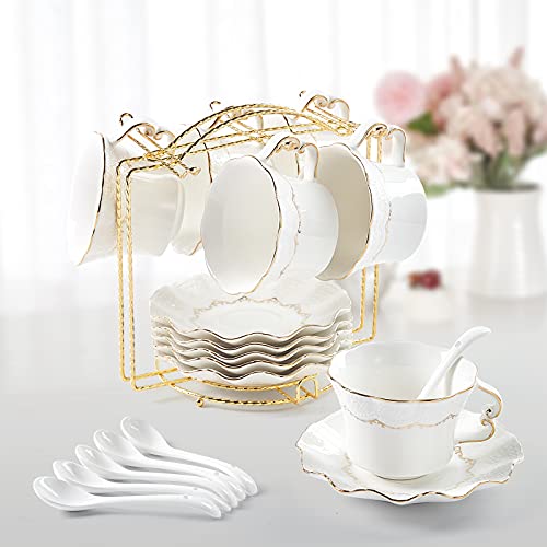 Dujust Teetassen und Untertassen Set von 6 (250 ml /8.5 oz), Luxus-Teetasse Set mit goldenen Trimm, Reliefdruck Kaffeetassen mit Metallständer, britischer Königlicher Porzellan-Tee-Party-Set - Weiß