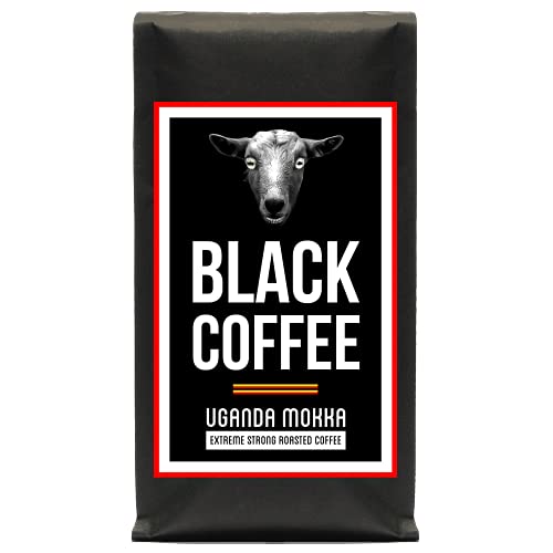 Black Coffee - Uganda Mokka | Ganze Bohnen sortenreiner Röstkaffee | Starker Kaffee mit wenig Säure | sehr dunkle Trommelröstung in Minichargen | Hoher Koffeingehalt |