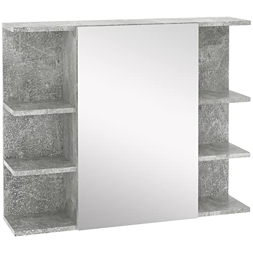 kleankin Spiegelschrank Badschrank Hängeschrank Badmöbel Wandschrank Mehrzweckschrank mit offenen Fächer Spanplatte Glas Grau 80 x 19,8 x 64 cm