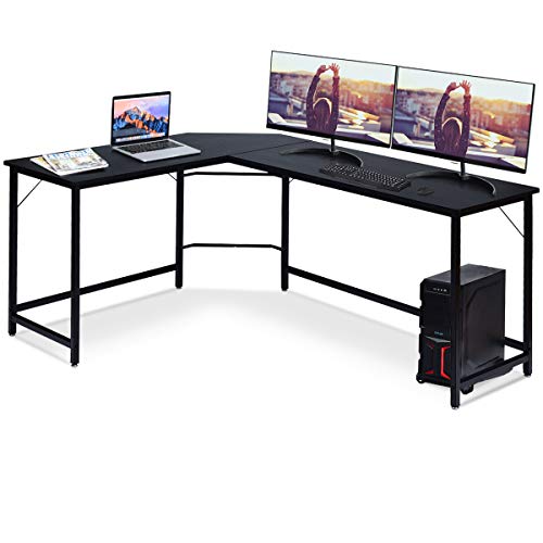 RELAX4LIFE Computertisch für Zwei Personen, Schreibtisch L-Form, Eckschreibtisch mit Verstellbarer Fußpolster und CPU Ständer, Platzsparender Winkeltisch für Arbeitszimmer & Büro, PC-Tisch (Schwarz)