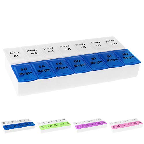 WELLGRO Tablettenbox für 7 Tage, je 2 Fächer pro Tag, 4 Farben zur Auswahl, Farbe:Blau