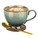 Cappuccino Tassen Groß, Kaffeetasse Groß 500ml Groß Keramik Kaffeetassen Becher, Dickwandige Kaffeetassen mit Untertasse und Löffel, Vintage Cafe Tasse，Große Espressotassen Teetassen(Grün)