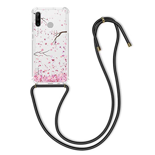 kwmobile Hülle kompatibel mit Huawei P30 Lite - Silikon Handyhülle mit Kette - Rosa Dunkelbraun Transparent Kirschblütenblätter