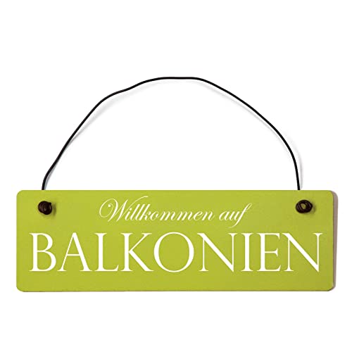 Deko Shabby Chic Schild Willkommen auf Balkonien Vintage Holz Türschild in hellgrün mit Draht