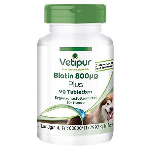 Vetipur Biotin Tabletten für Hunde - Biotin Komplex 800µg - mit Kupfer, Zink und andere B-Vitamine - Futterergänzung für Hunde - 90 Tabletten