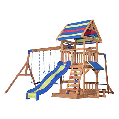 Backyard Discovery Spielturm Holz Northbrook | Spielplatz für Kinder mit Rutsche, Sandkasten, Schaukel und Picknicktisch | Schaukelset für den Garten
