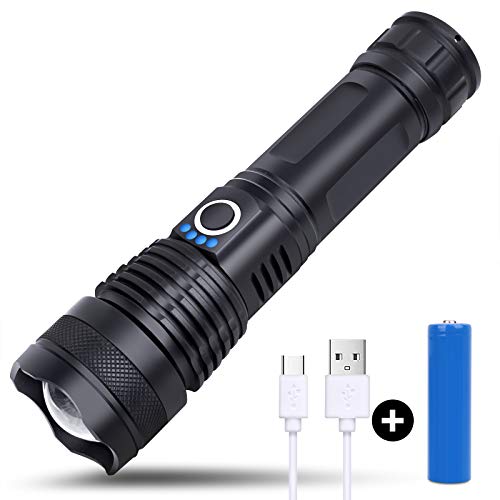 Riou XHP50 LED Taschenlampe Extrem Hell 900000 Lumen Zoom USB Aufladbar Wasserdichte Flashlight für Outdoor, Wandern, Camping(mit 18650 Batterien) (Schwarz)
