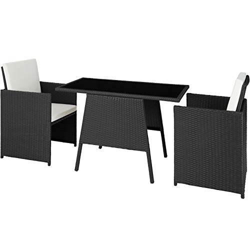 TecTake 800682 Polyrattan Sitzgruppe für 2 Personen, zusammenschiebbar, 2 Stühle & 1 Tisch mit Glasplatte, inkl. Sitz- und Rückenkissen – Diverse Farben – (Schwarz | Nr. 403096)