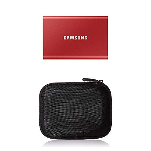 Samsung T7 Portable SSD - 500 GB - USB 3.2 Gen.2 Externe SSD Metallic Red (MU-PC500R/WW) + Amazon Basics Festplattentasche, schwarz