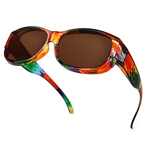 SIPHEW Sonnenbrillen Überziehbrille 100% UV Schutz, Fit-Over Brille Überzieh Sonnenbrillen Clip für brillenträger Damen Herren (Überzieh Sonnenbrille- Regenbogen Rahmen, braun Linse)