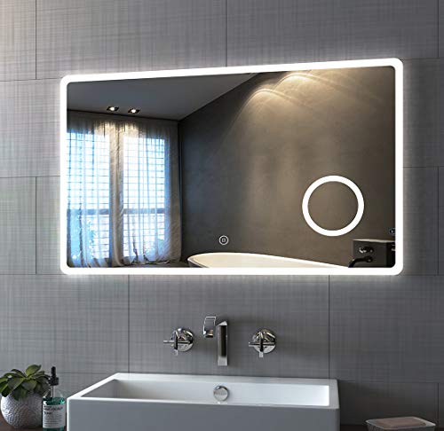 Bath-mann LED Badspiegel 100x60cm mit Beleuchtung Kaltweiß Badezimmerspiegel Spiegel mit Touch Lichtschalter, 3X Vergrößerung Lupe Schminkspiegel Wandspiegel Horizontal Lichtspiegel 6400K