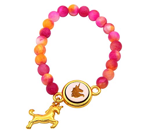 Kauf-mich-weg Kinder Armband Jadeperlen Pink mit Einhorn Holzcabochon und Einhorn-Anhänger Gold Elastik-Armband flexibel Perlenarmband Mädchen