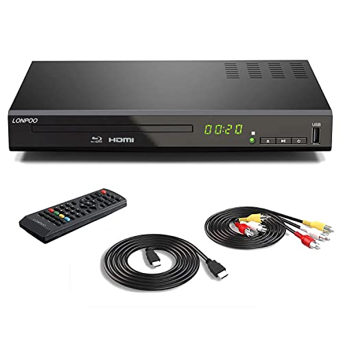 LONPOO Blu-ray Player für TV - 1080P Heimkino DVD-Player mit HDMI/ Koaxial/ AV-Porta, Unterstützt USB-Eingang, Blu-ray Region B/2, 1-6 DVD Region Free (mit HDMI & AV Kable)