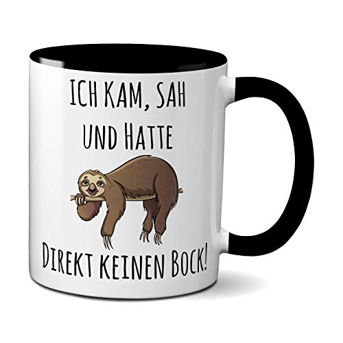 Tasse mit Spruch ICH KAM, SAH UND HATTE DIREKT KEINEN BOCK! - Geschenk für Kollegin, Chef, Chefin Sprüche Tassen schwarz lustig