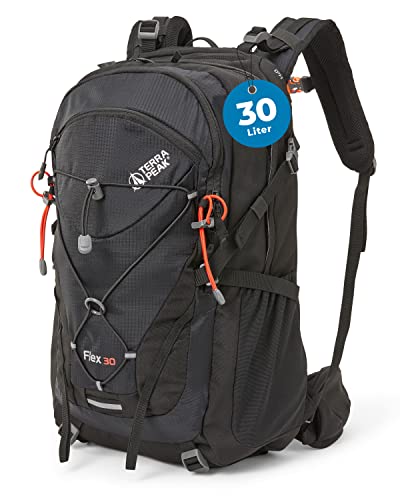 Terra Peak Flex 30 Wanderrucksack 30L Damen Herren & Erwachsene schwarz mittel - Trekking-Rucksack ergonomisch - Outdoor Daypack wasserdicht - Wander-Rucksäcke leicht mit Rückenbelüftung zum Wandern