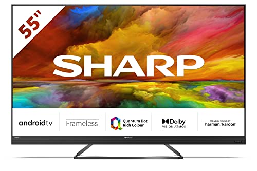 SHARP 55EQ3EA Android TV 139 cm (55 Zoll) 4K Ultra HD Android TV (Smart TV ohne Rahmen, Dolby Atmos, Quantum Dot, Harman Kardon) [Modelljahr 2022] [Energieklasse G]